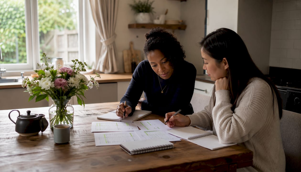 Two women comparing builder quotes at home