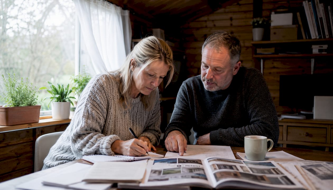 Homeowners reviewing builder options at kitchen table