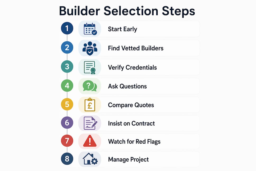 Infographic showing steps to choose a UK builder