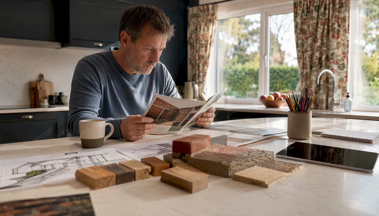 Homeowner reviewing extension material plans