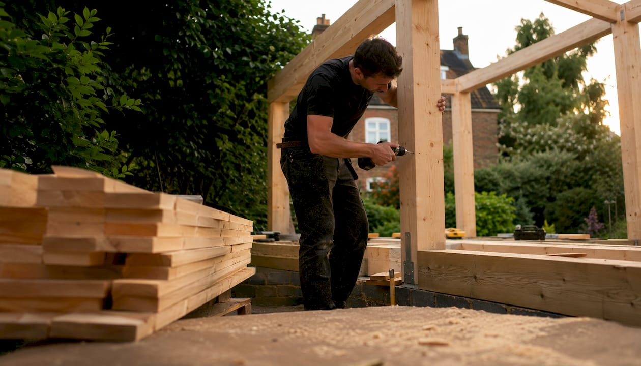 Worker installing timber frame on extension