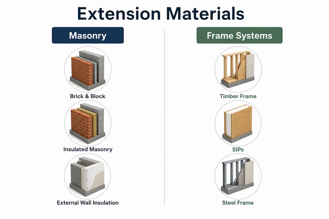 Infographic comparing masonry and frame extension materials
