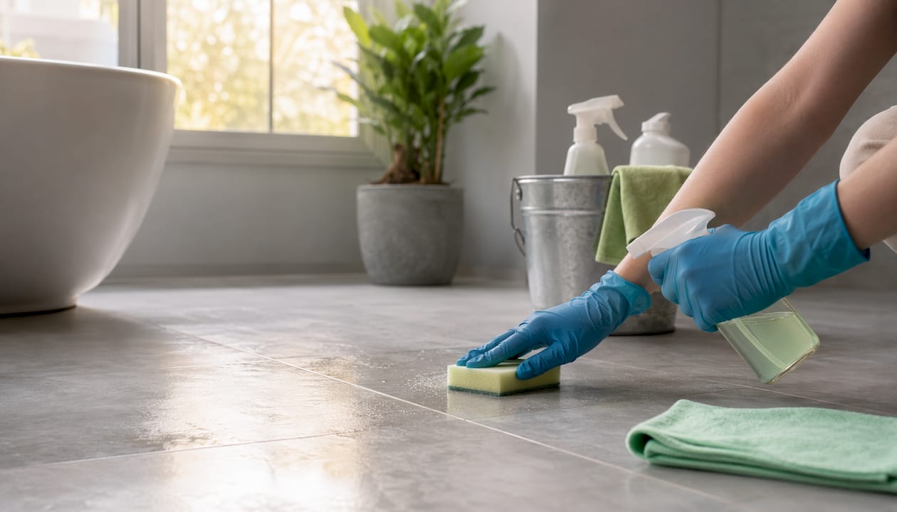 Hands cleaning porcelain bathroom floor tile