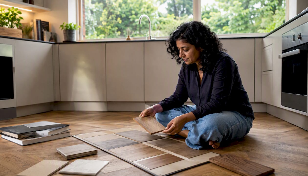 Woman reviewing flooring samples in London home