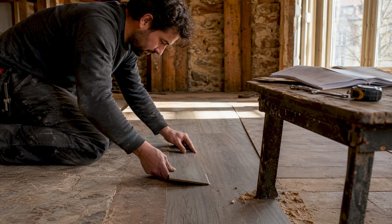 Craftsman installing flooring in London period apartment