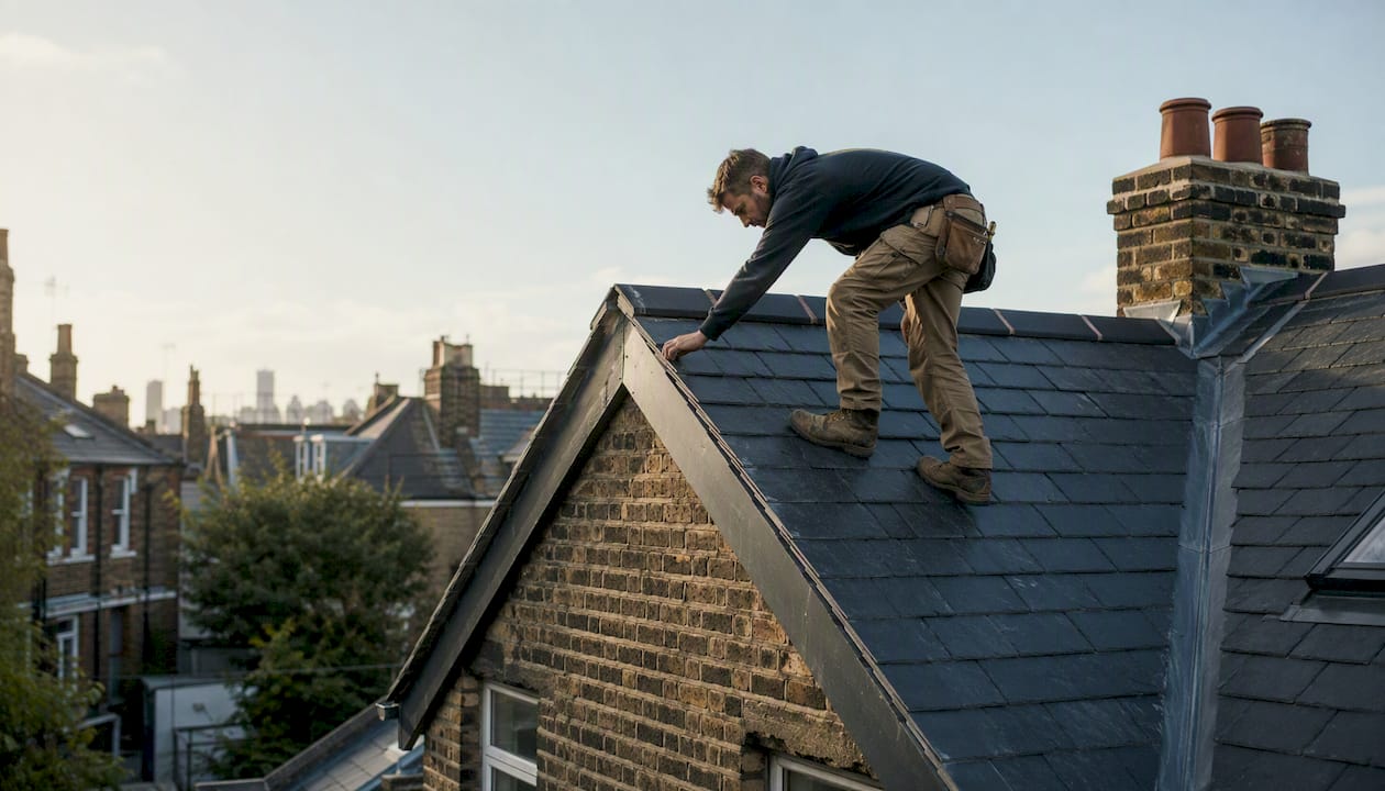 Pitched roof with natural slate tiles on extension