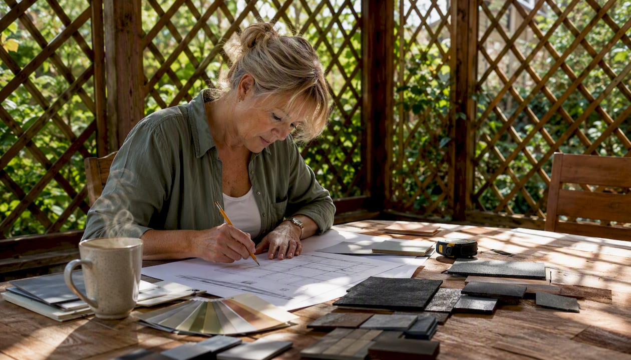 Homeowner reviewing roofing materials for extension
