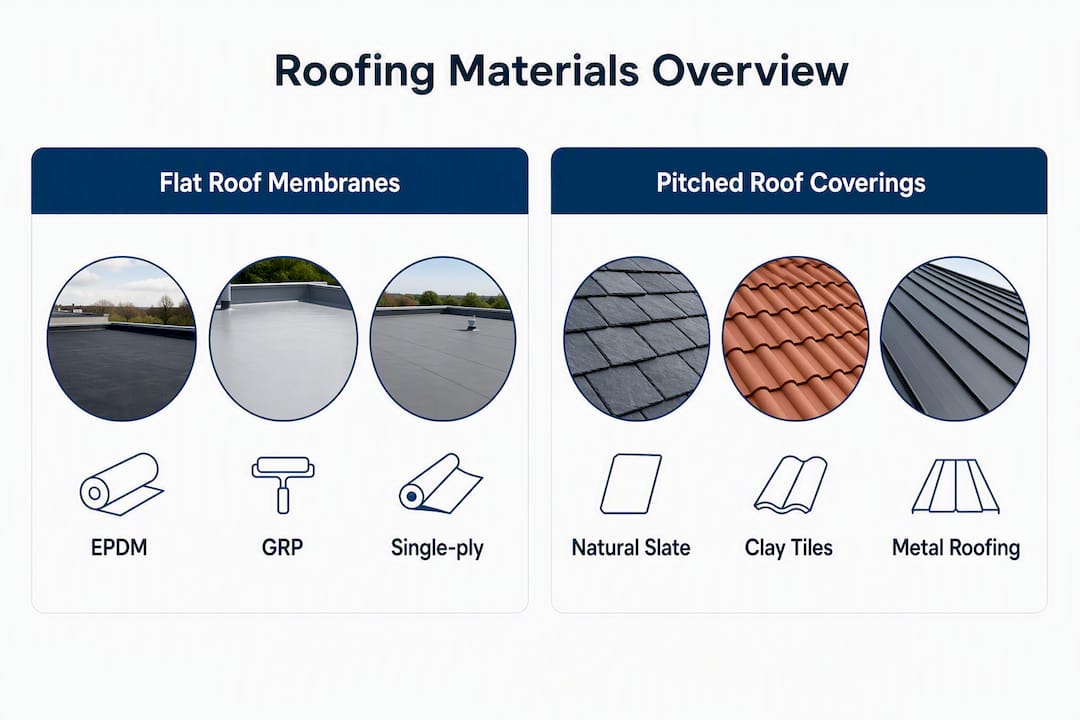 Infographic comparing flat and pitched roofing materials
