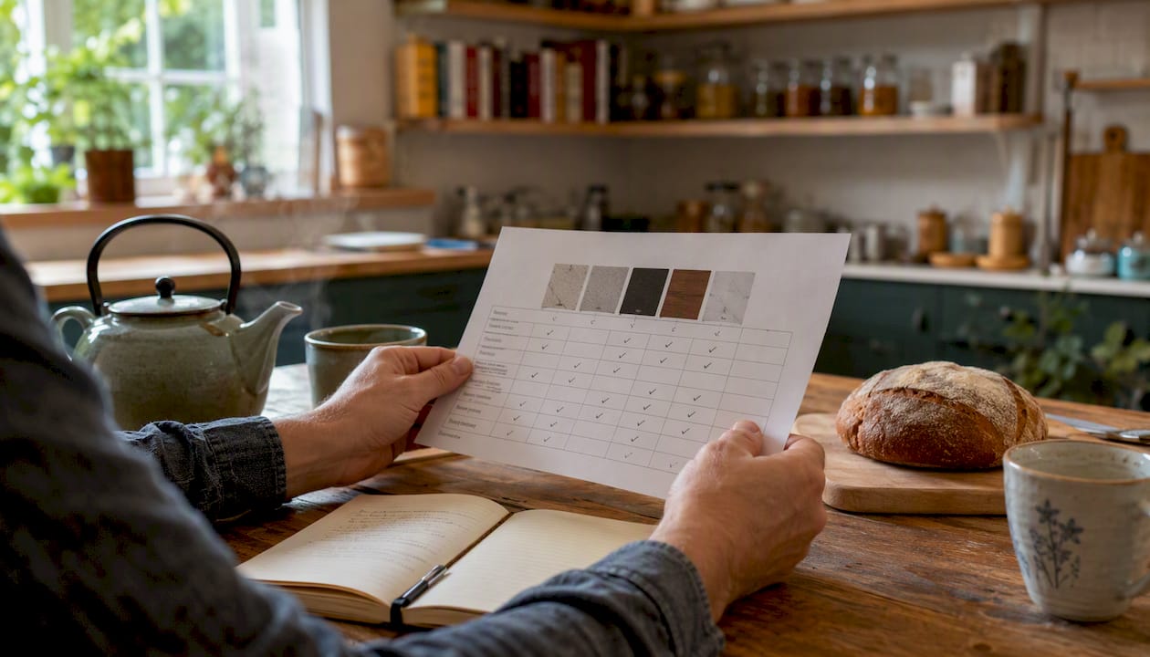 Hands holding kitchen worktop comparison checklist