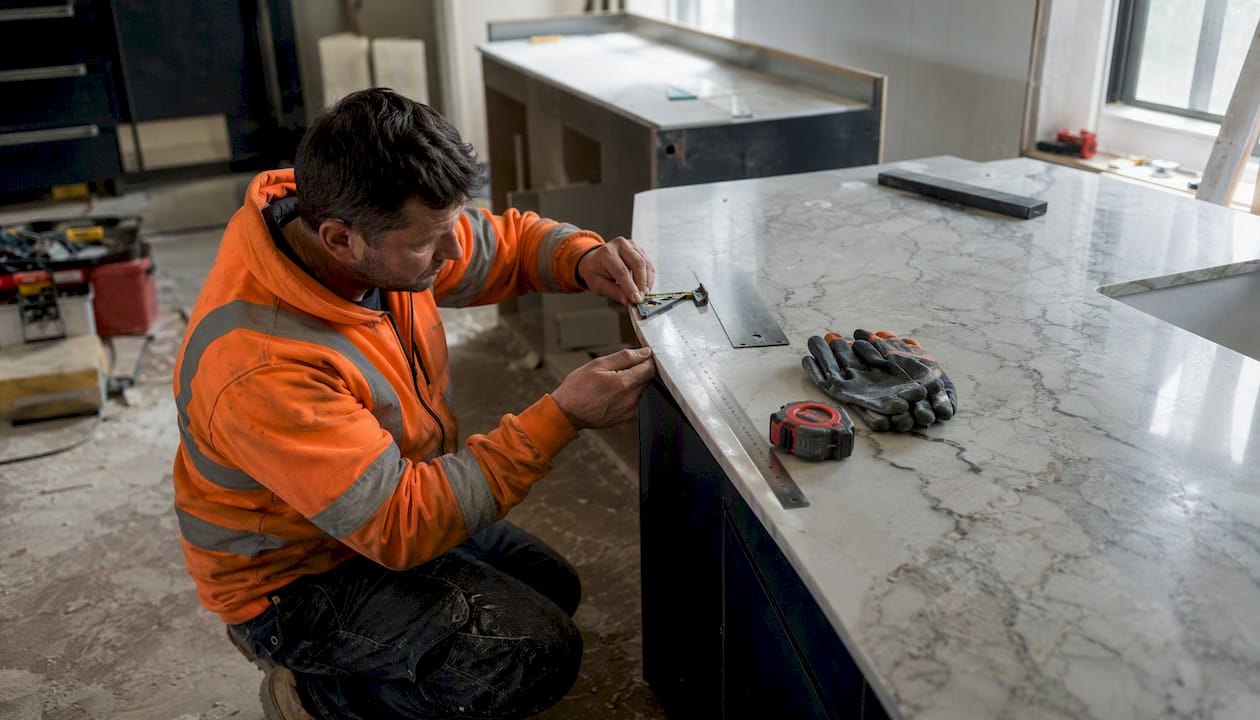 Professional fitter installing granite kitchen worktop