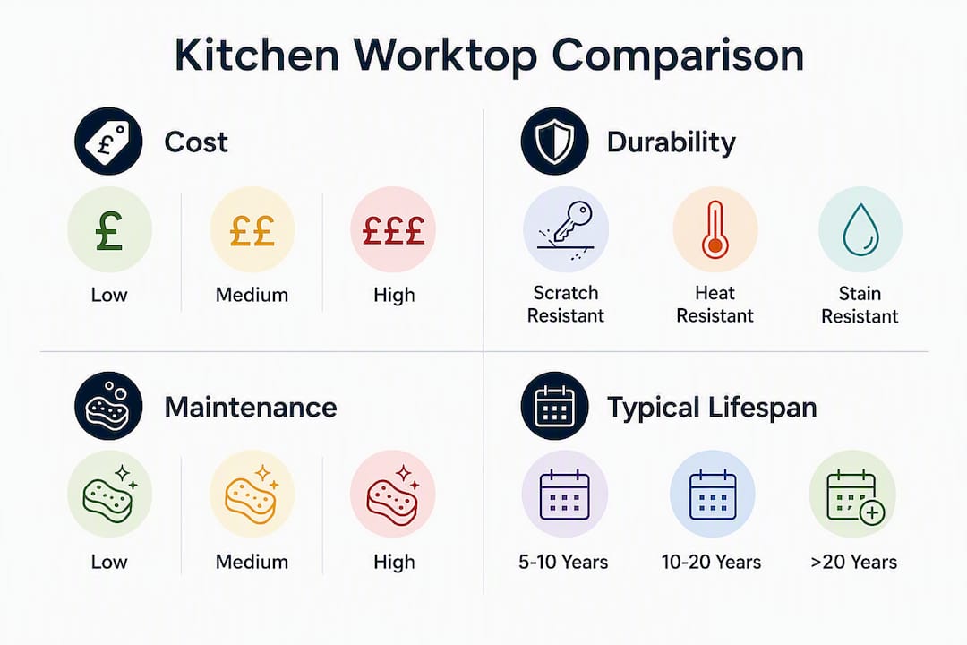 Infographic showing kitchen worktop materials comparison