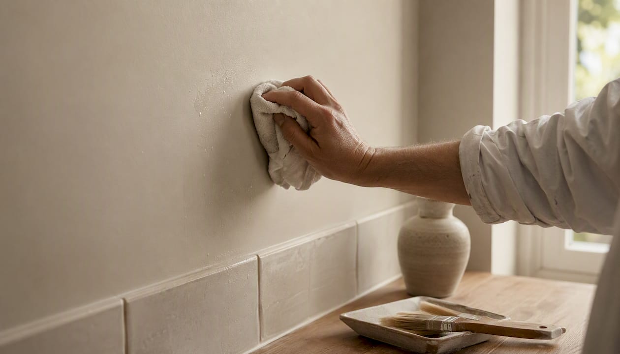 Hand cleaning kitchen wall with scrubbable paint