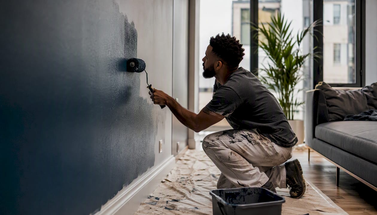 Painter rolling deep-hue paint on London wall