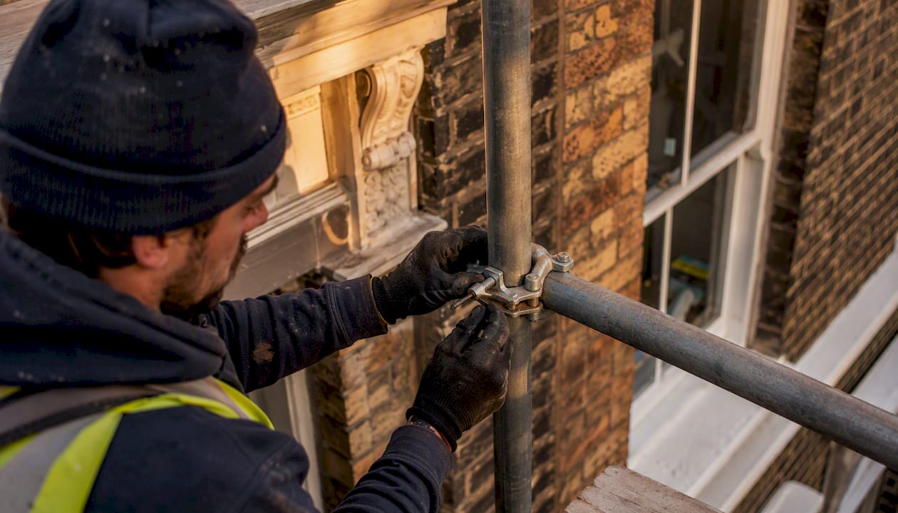 Tradesman assembling scaffolding on London townhouse