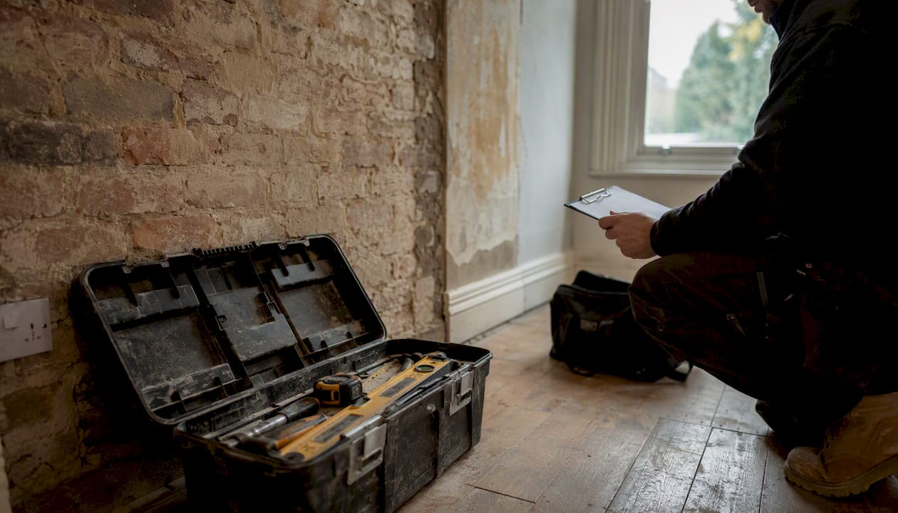 Open toolbox with renovation tools at home site