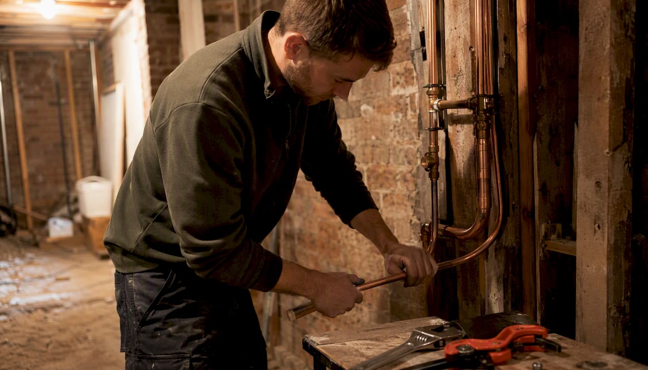 Hands moving gas pipe during renovation