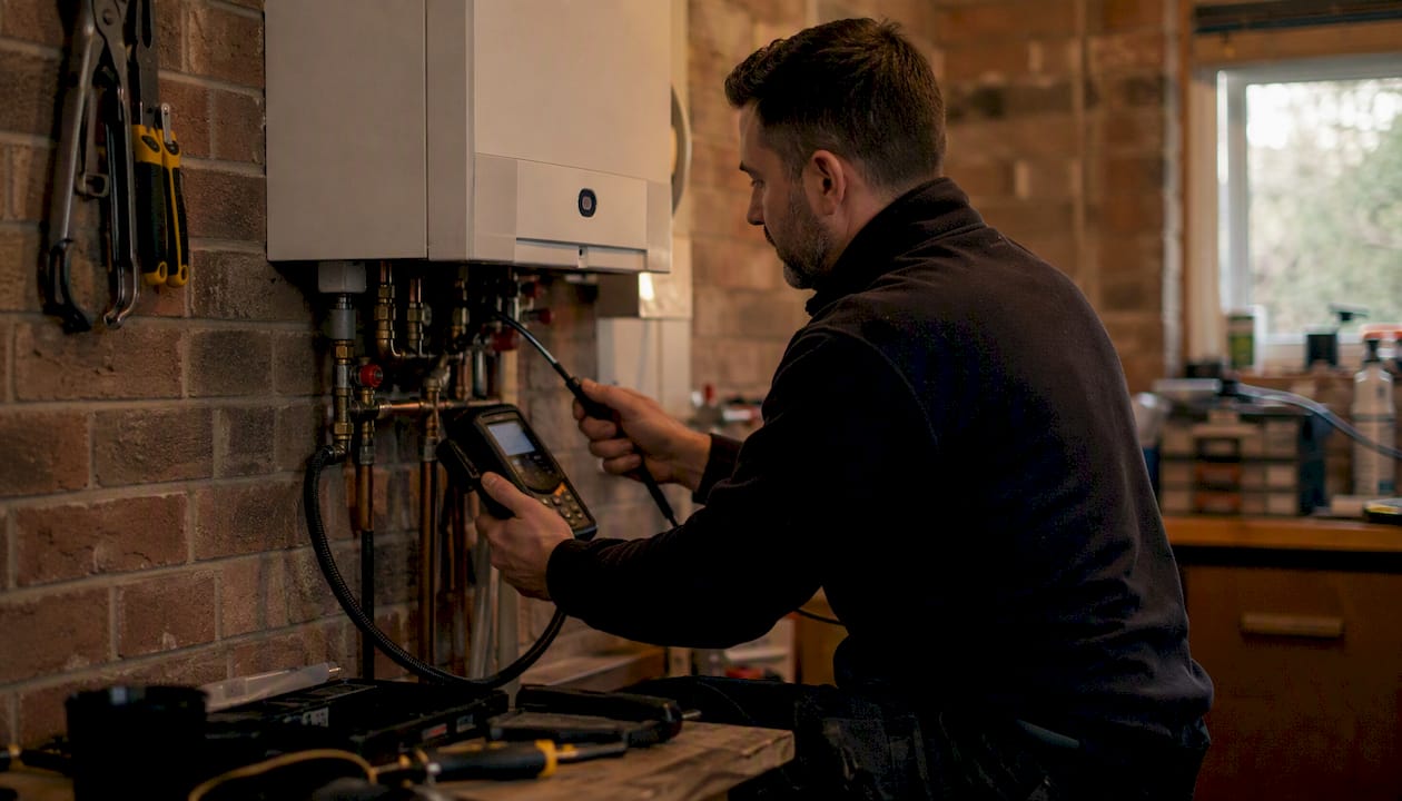 Gas engineer inspecting residential boiler