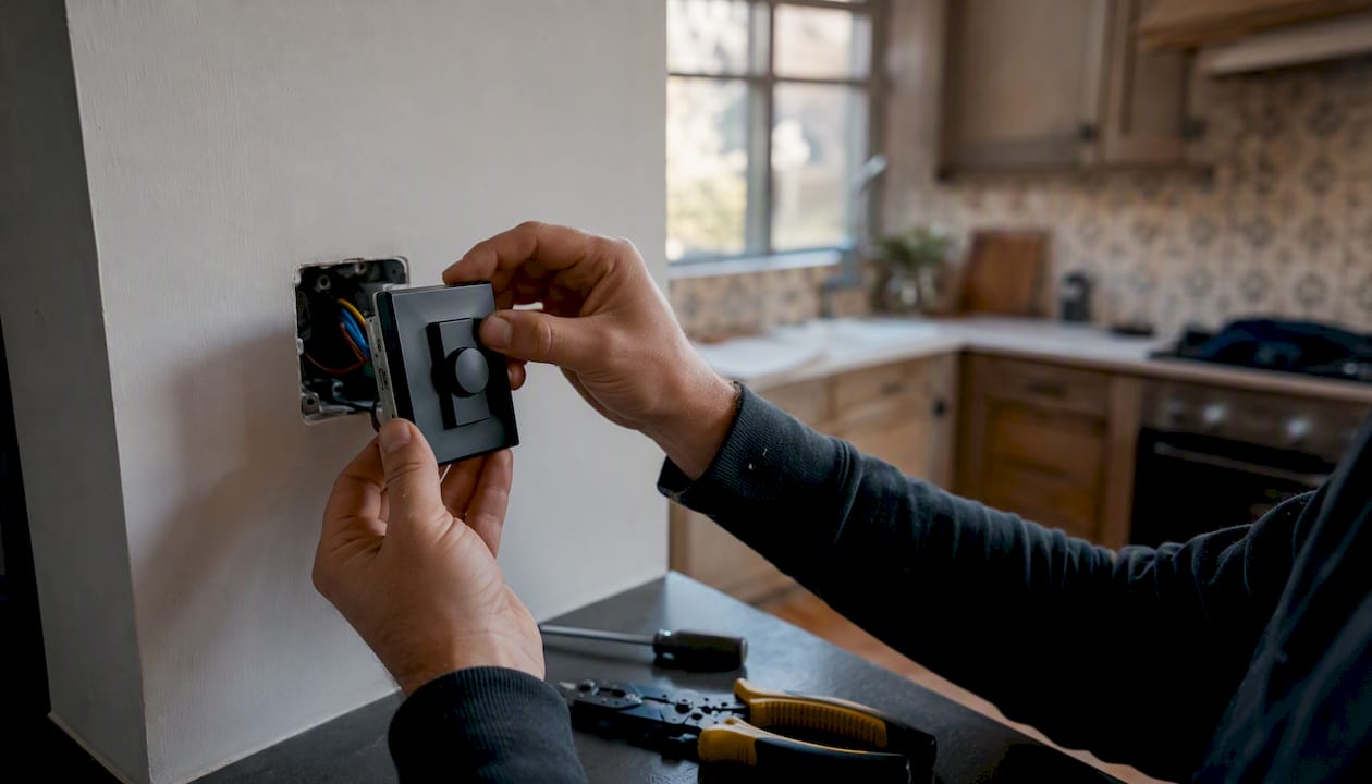 Electrician installing dimmer switch for LED lighting