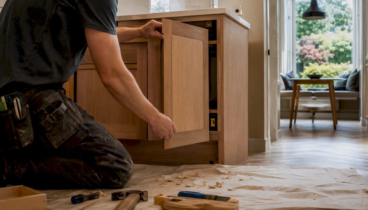 Hands fitting kitchen cabinet in London home