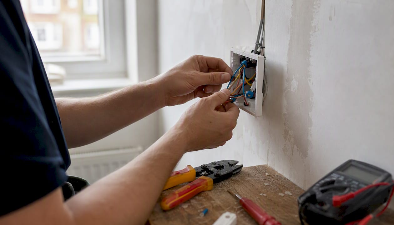 Hands wiring electrical junction box in London home