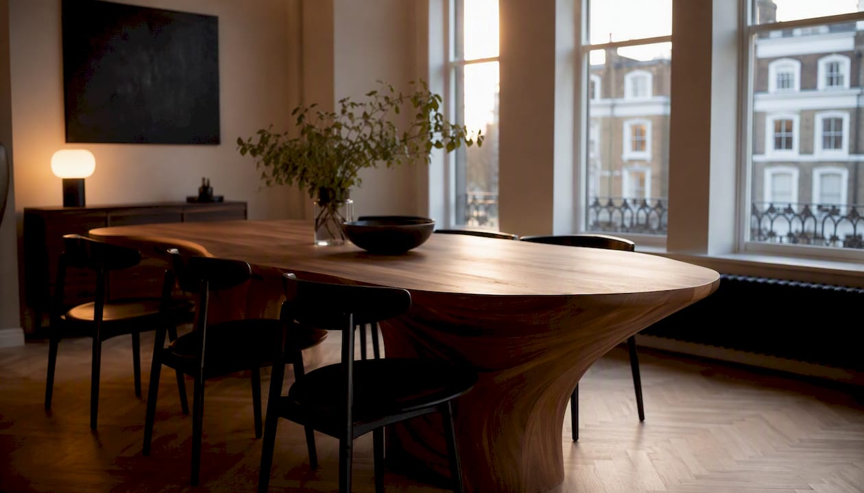Sculptural curved dining table in London interior