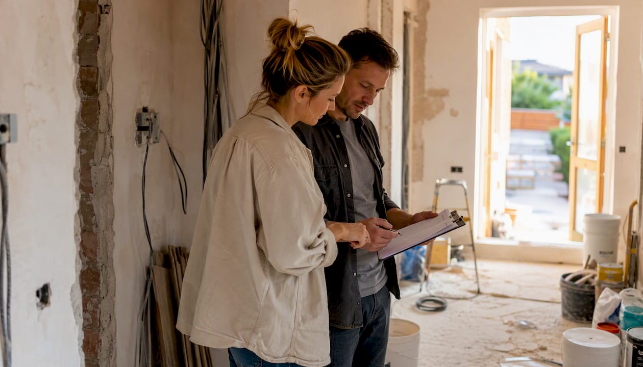 Hands pointing at renovation budget plans indoors