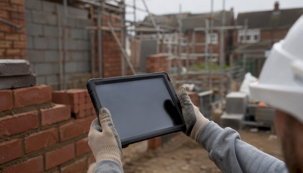 Tradesperson holding tablet showing payment retention overview