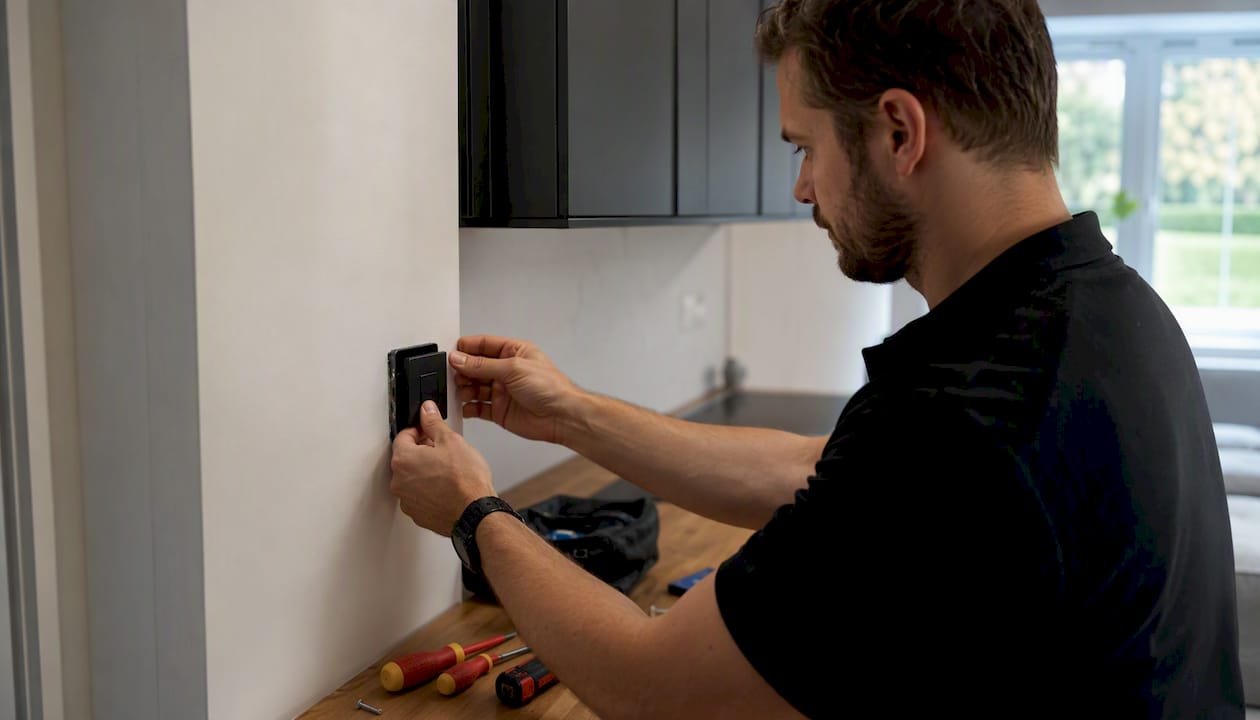 Tradesman installing smart lighting switch