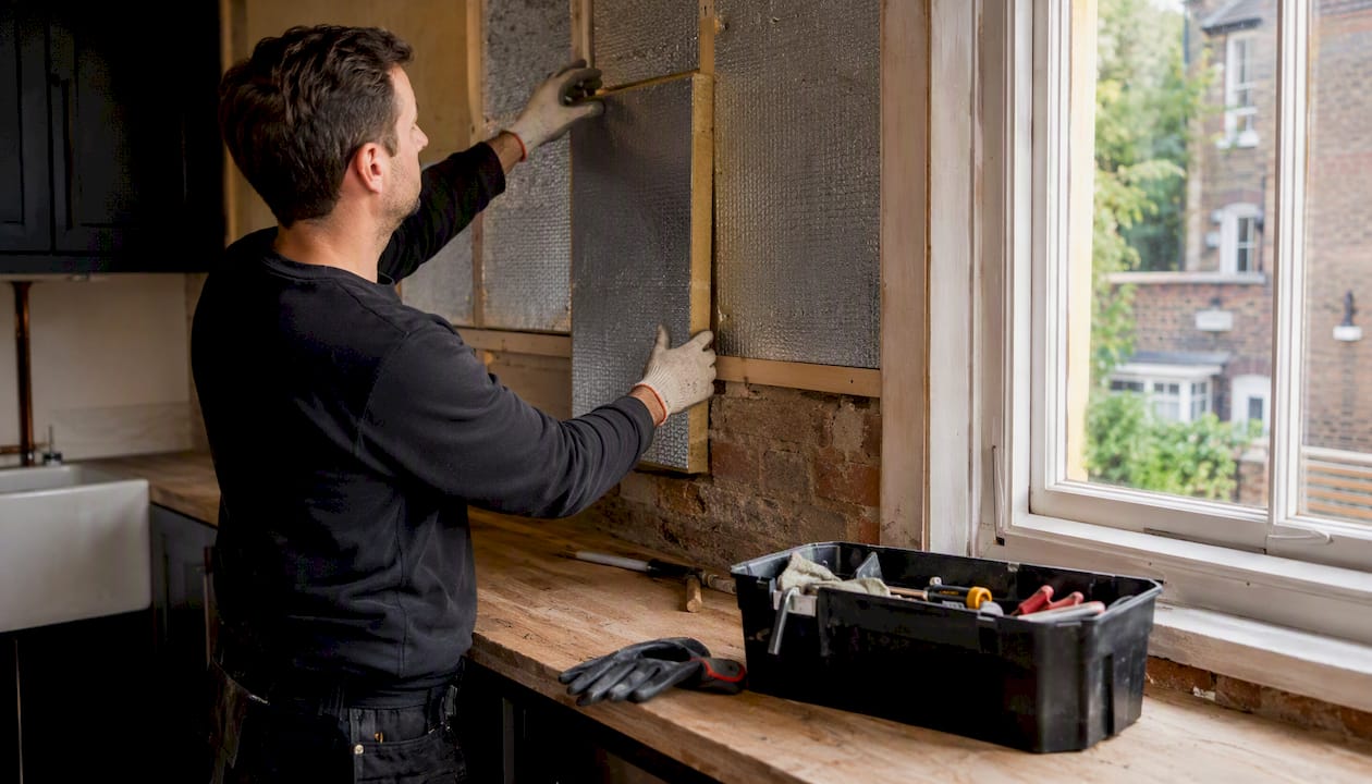 Hands fitting home thermal insulation