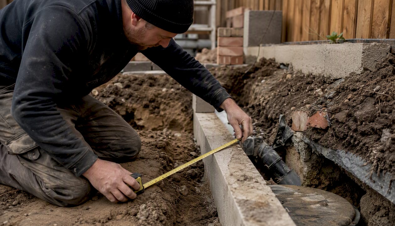 Tradesman measuring foundations near London sewer