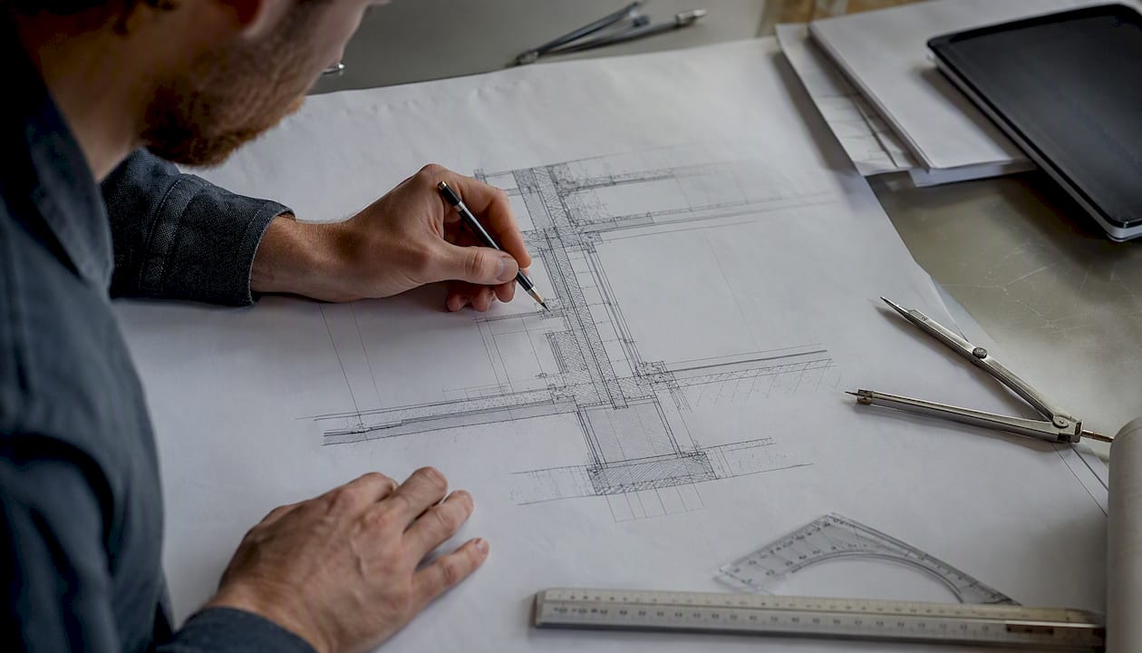 Hands marking foundation blueprint in engineer studio