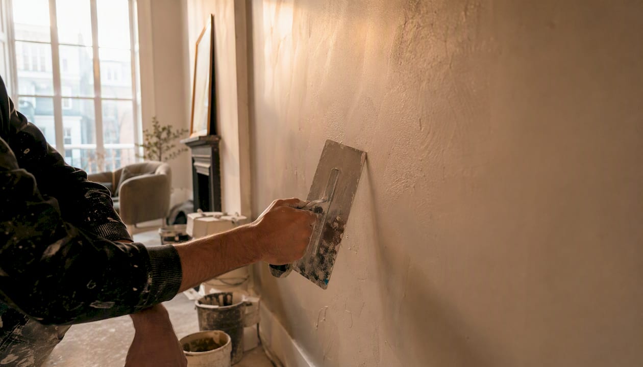 Plasterer smoothing wall plaster
