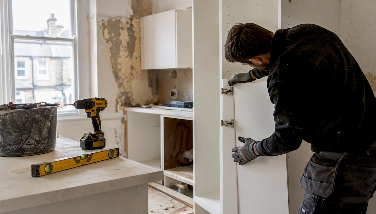 Tradesperson installing kitchen cabinets