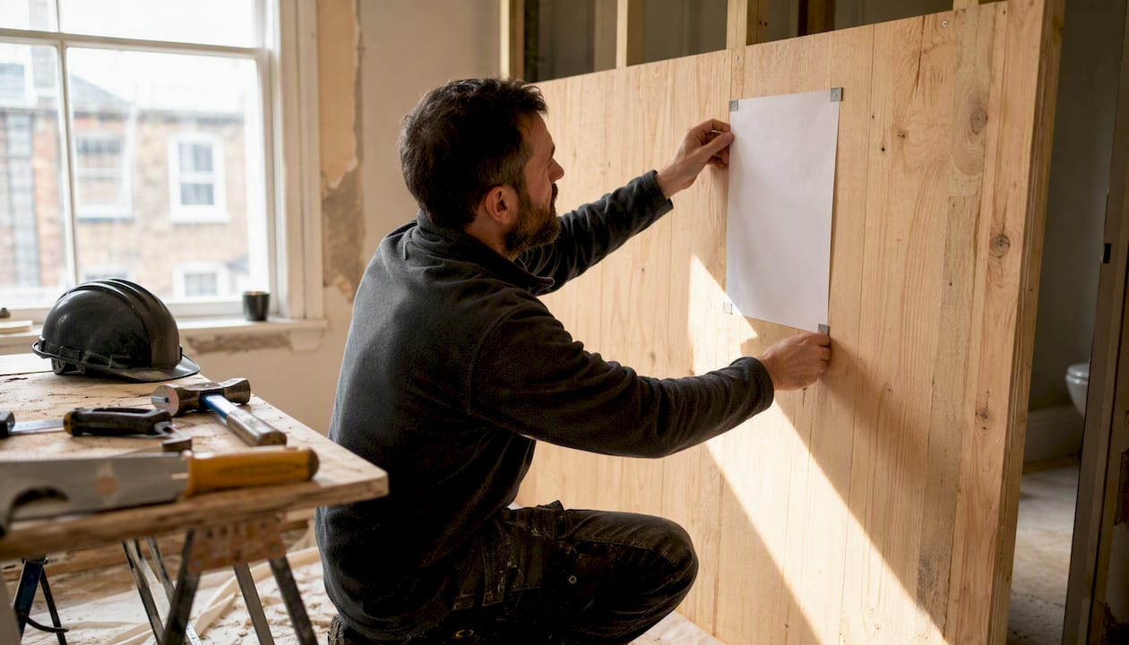 Tradesperson posting safety notice on home renovation fence