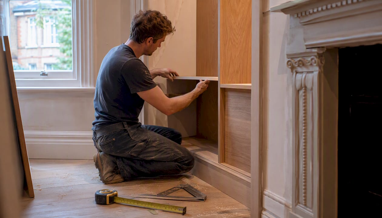 Carpenter fitting bespoke built-in storage in London home