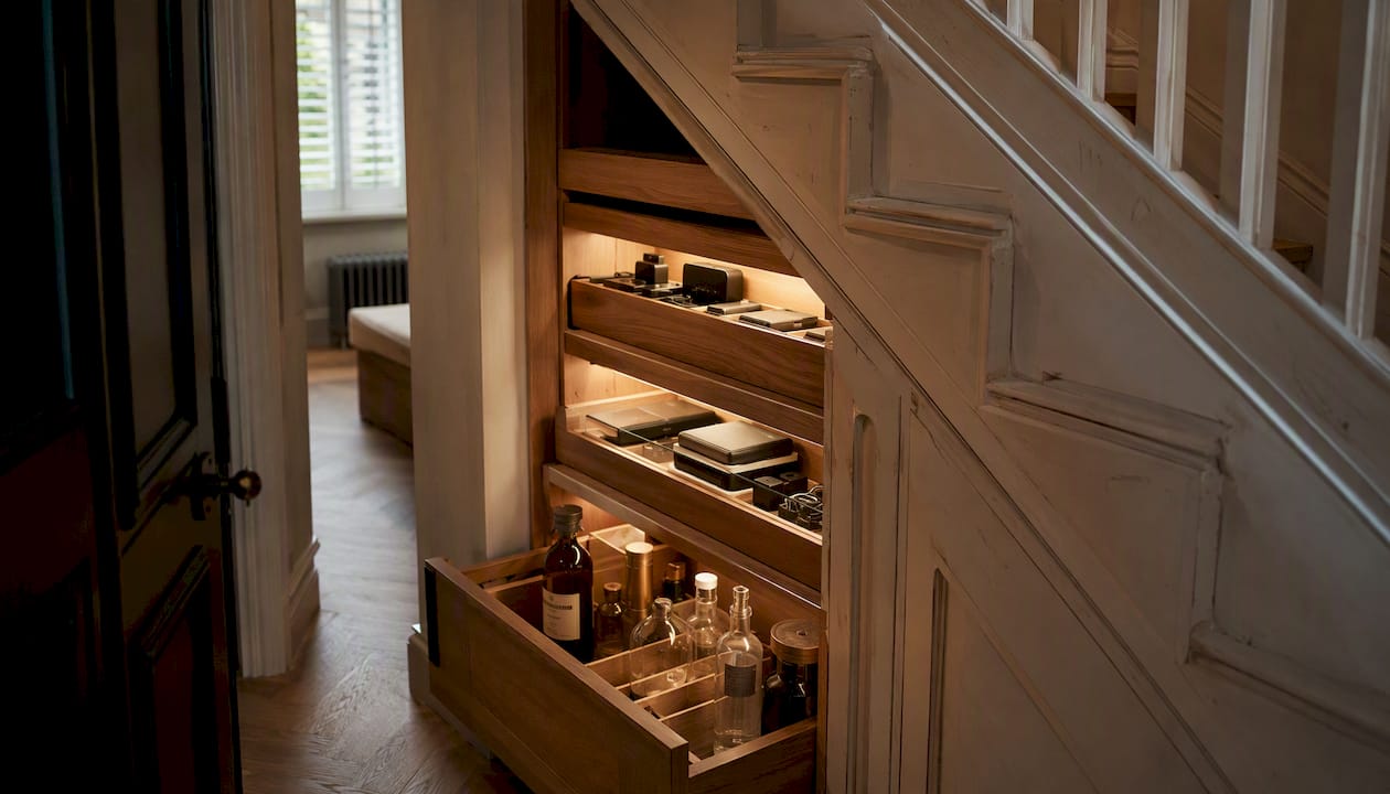 Under-stairs cupboard with pull-out drawers and lighting