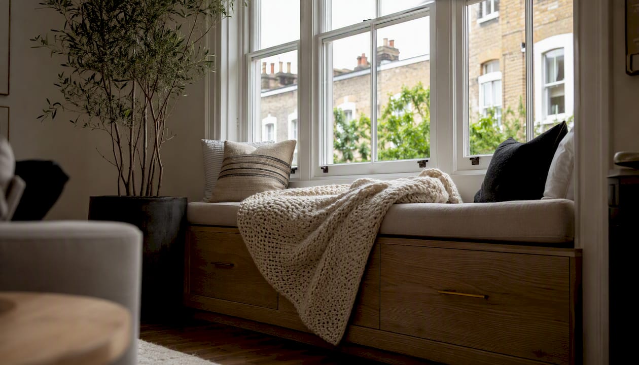 Window seat with built-in storage drawers in London terrace