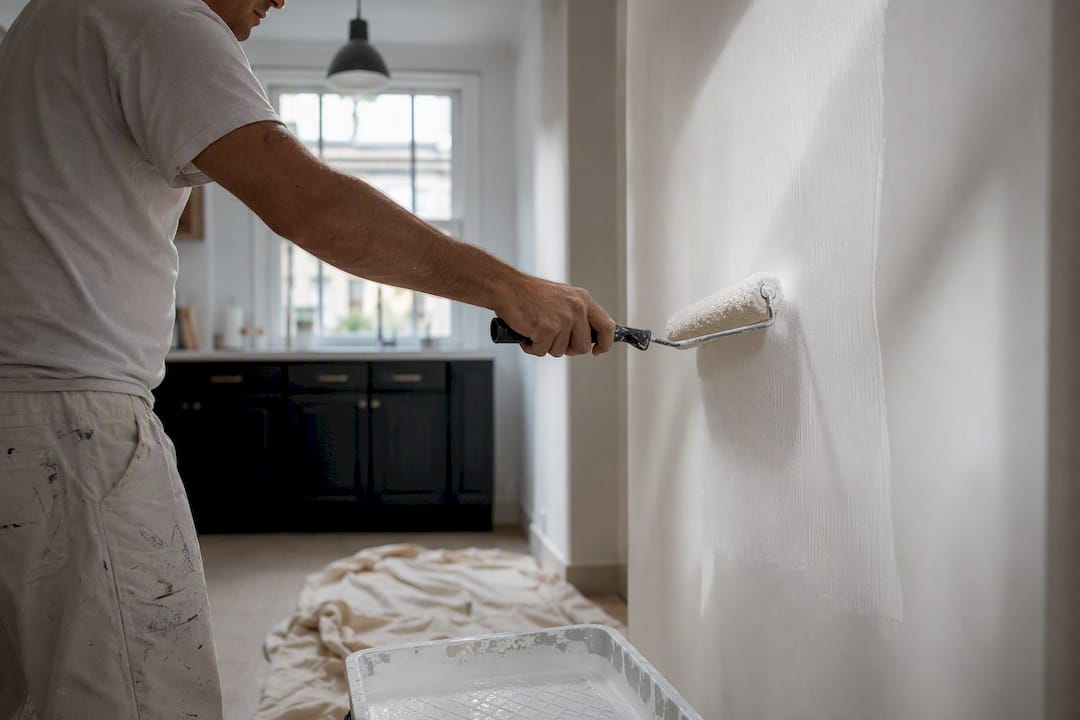 Hands sanding plastered wall under lamp light