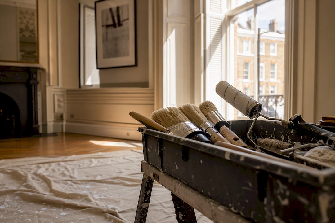 Paintbrushes and rollers on tray with dust sheet
