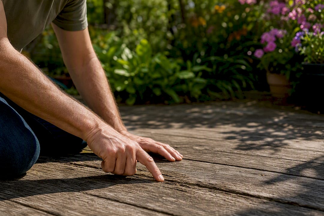 Hands inspecting wooden decking in summer