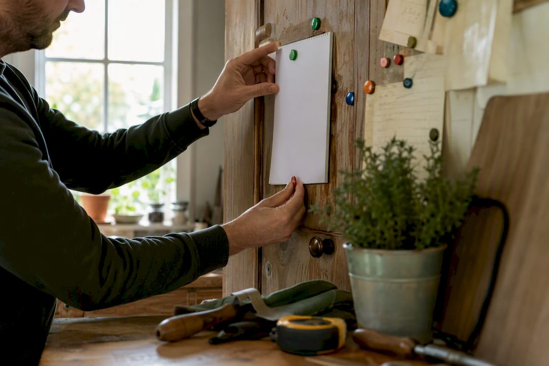Hand pinning home maintenance checklist on fridge