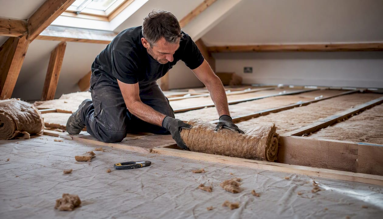 Hands installing loft insulation in Victorian attic