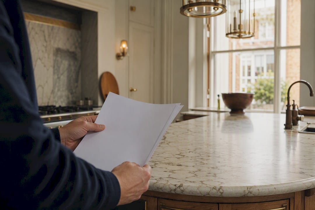 Hands holding contract insurance documents in Victorian home