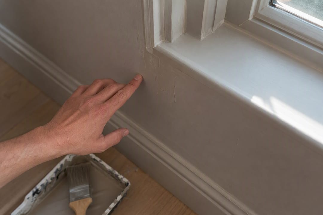 Hand inspecting paint defects behind radiator