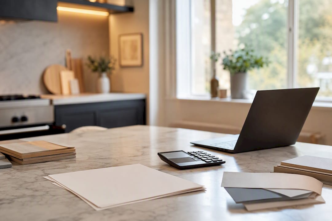 Home renovation finance workspace with papers and laptop