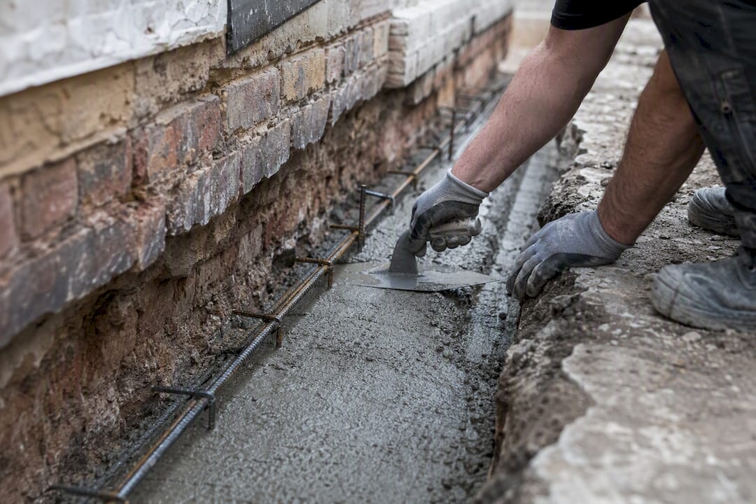 Hands preparing underpinning foundation work