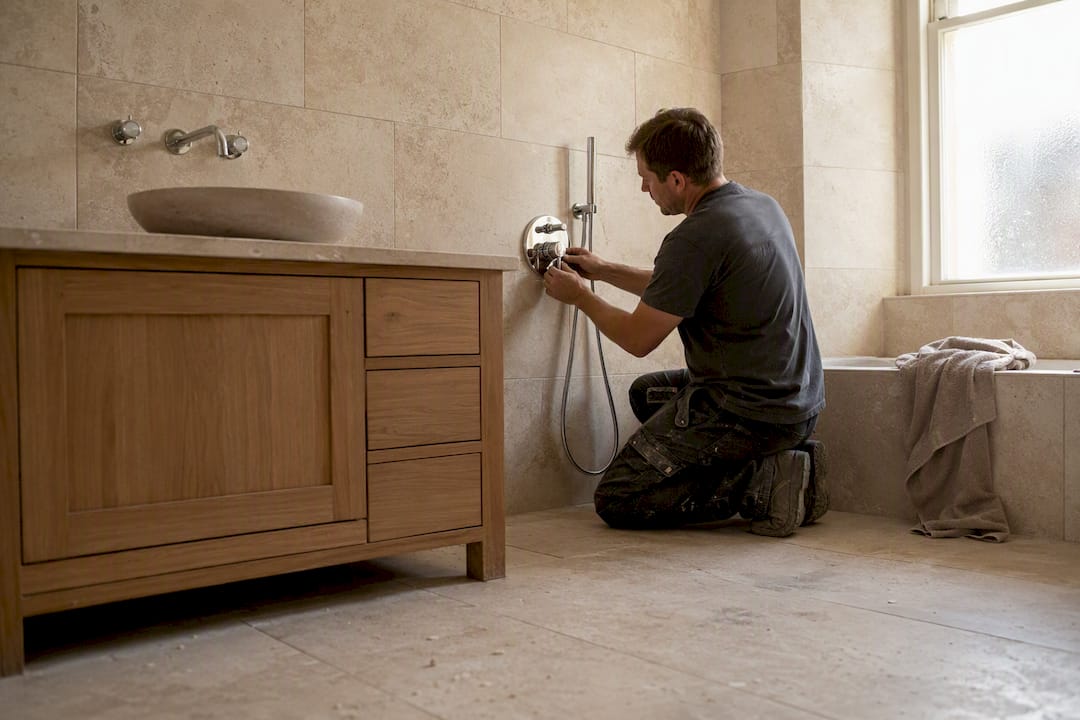 Bathroom renovation with hands installing shower valve