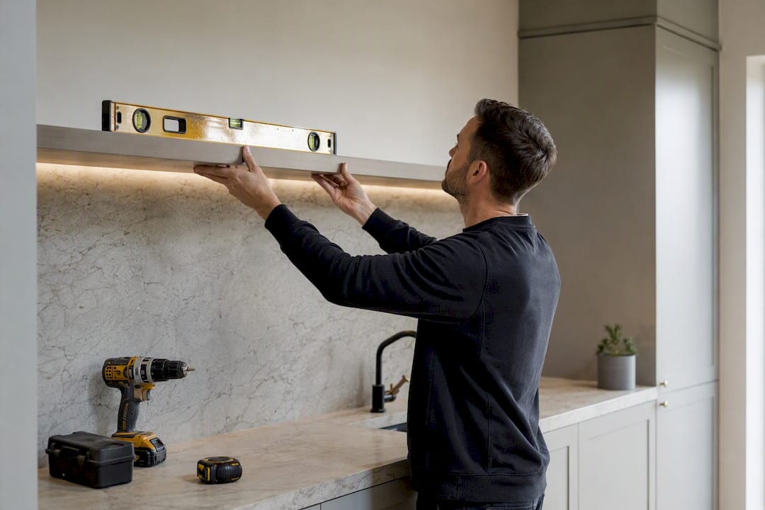 Hands installing LED lighting in kitchen