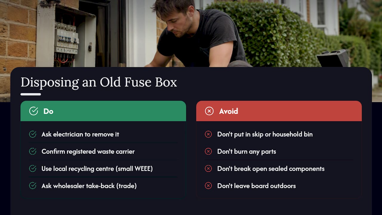 How should you dispose of an old fuse box responsibly? — overview diagram