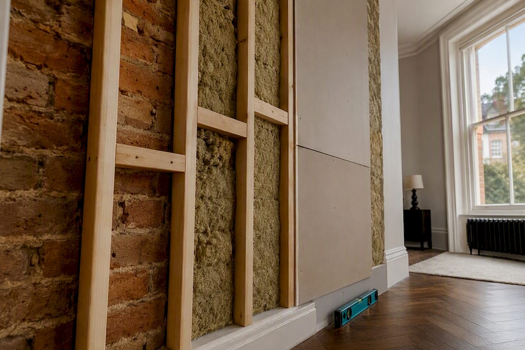 Soundproofed party wall build-up in Victorian terrace